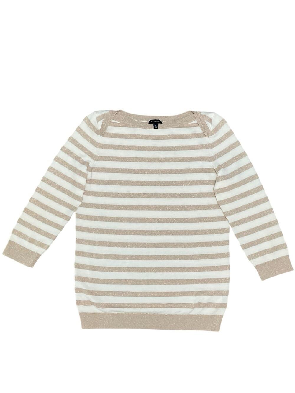 Talbots Women’s Sweater Glitter Holiday Striped Cream Beige Size Small EUC